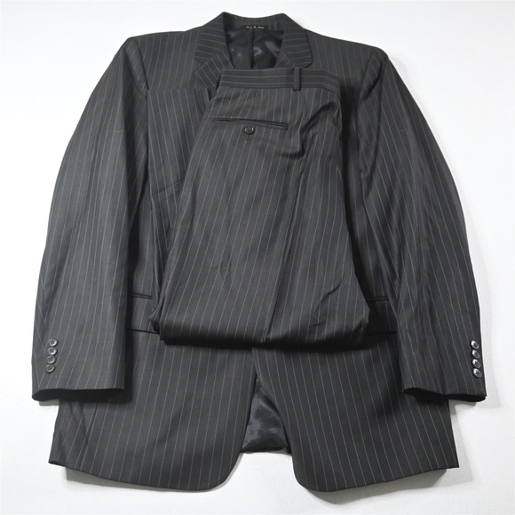 Vtg Y2K 2000s Boxy 42L 36x30 Gray Striped 100% Wool Mens Jacket Pants Suit